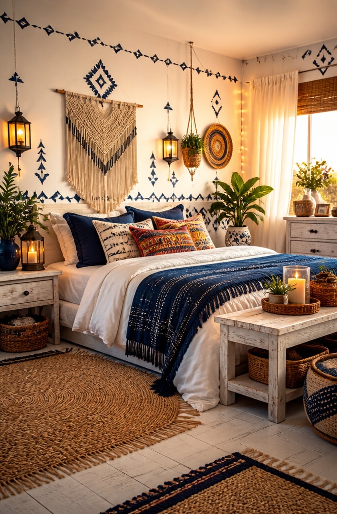 Navy and White Bohemian Eclectic Bedroom