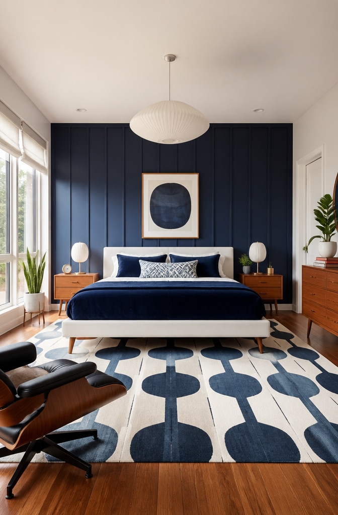Navy and White Mid-Century Modern Bedroom