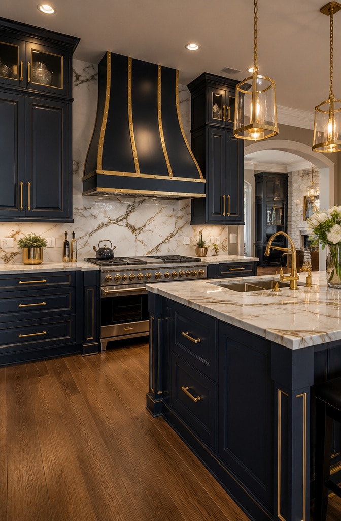 Navy Blue and Brass Glam Cabinets