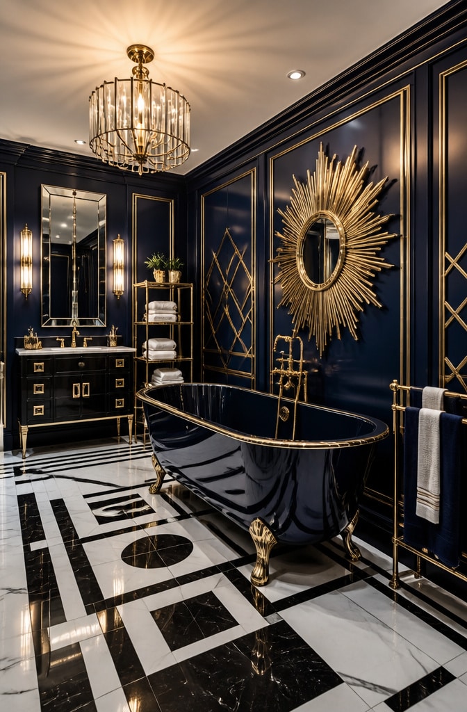 Navy Blue and Gold Luxe Art Deco Bathroom