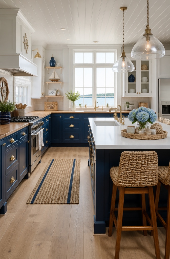 Navy Blue and White Coastal Kitchen Cabinets