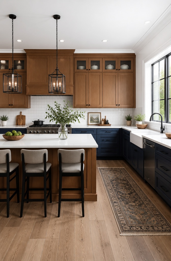 Navy Blue Transitional Kitchen with Warm Wood
