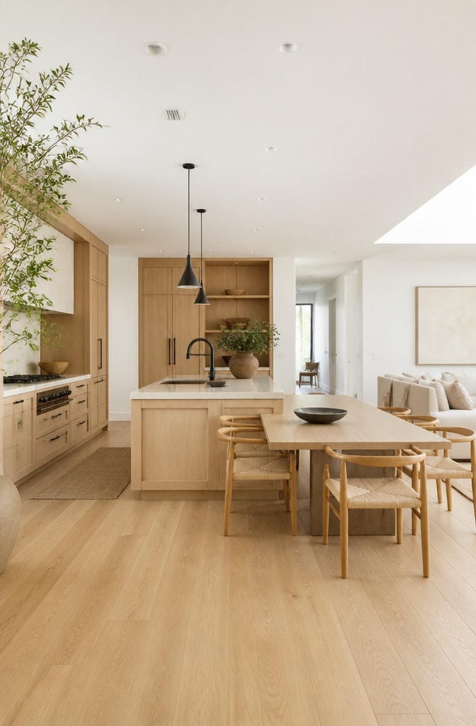 Open-Concept Japandi Kitchen with Light Oak