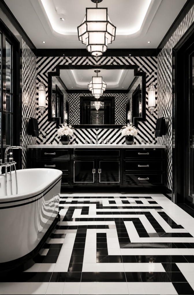 Opulent Black and White Geometric Art Deco Bathroom