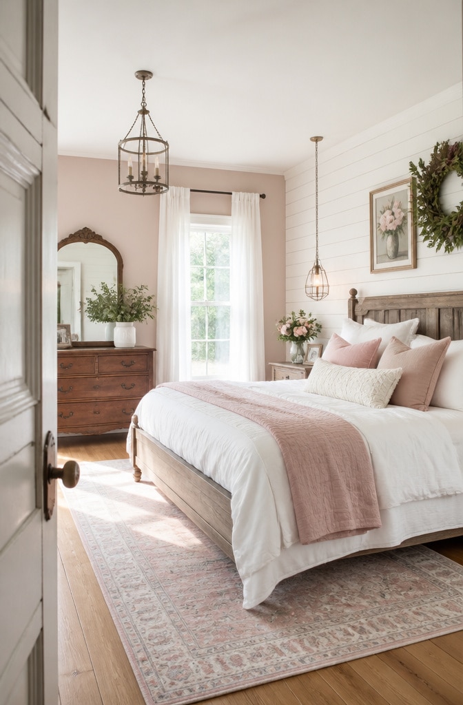Pale Blush Pink Farmhouse Bedroom Serenity