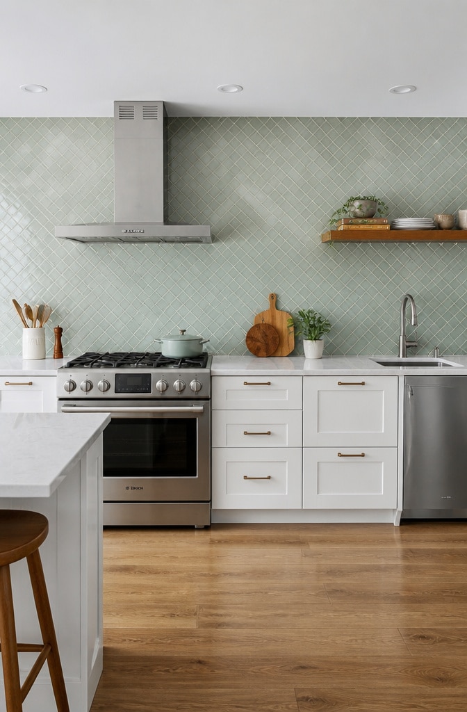 Pale Green Herringbone Ceramic Tile Backsplash