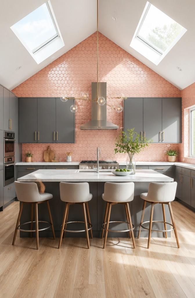 Pastel Pink Hexagonal Tile Kitchen