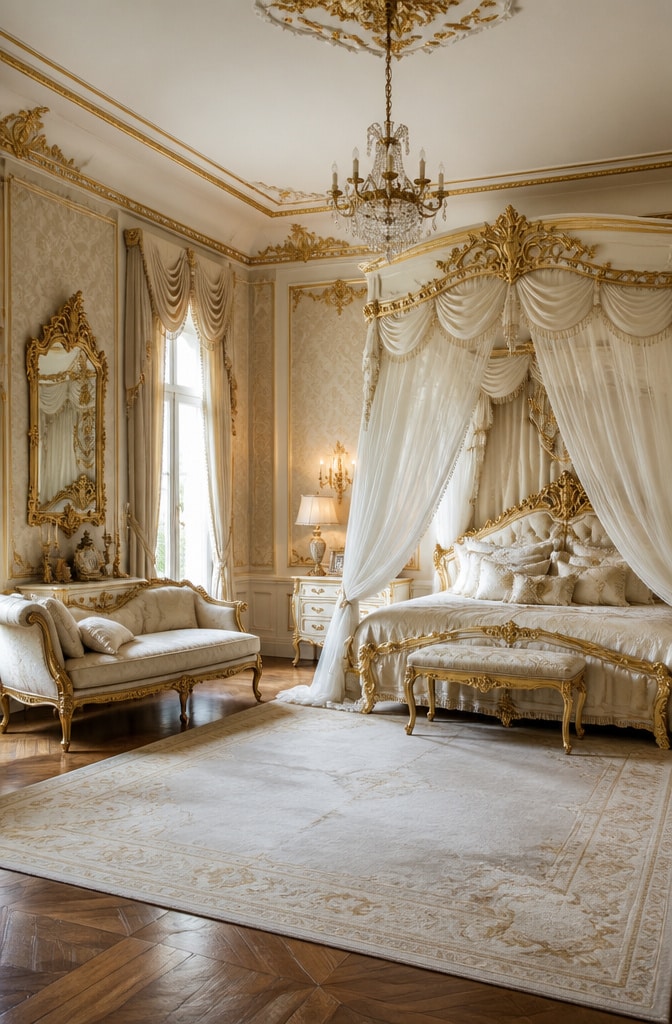 Regal Ivory and Gold Rococo Bedroom