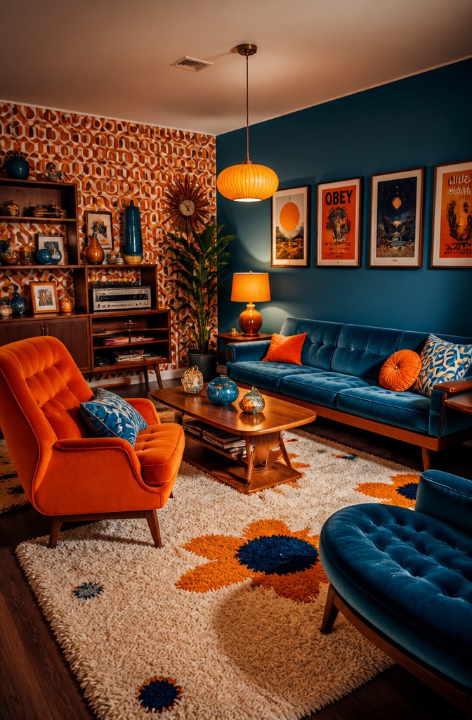 Retro 1970s Blue and Orange Living Room