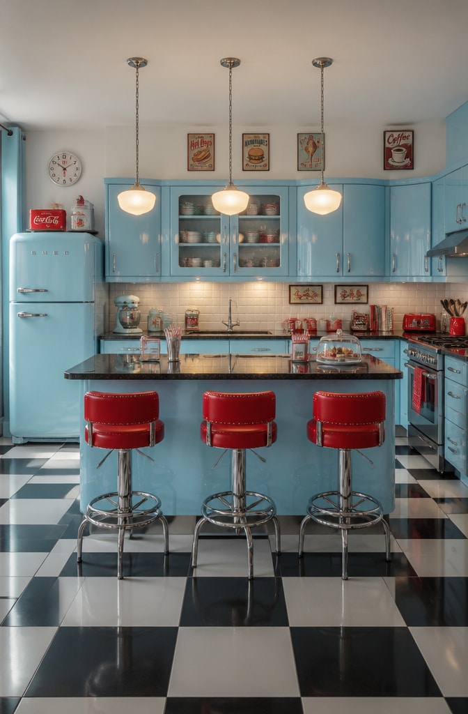 Retro Pastel Blue Diner Kitchen