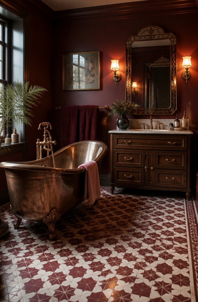 Rich Burgundy and Bronze Art Deco Bathroom