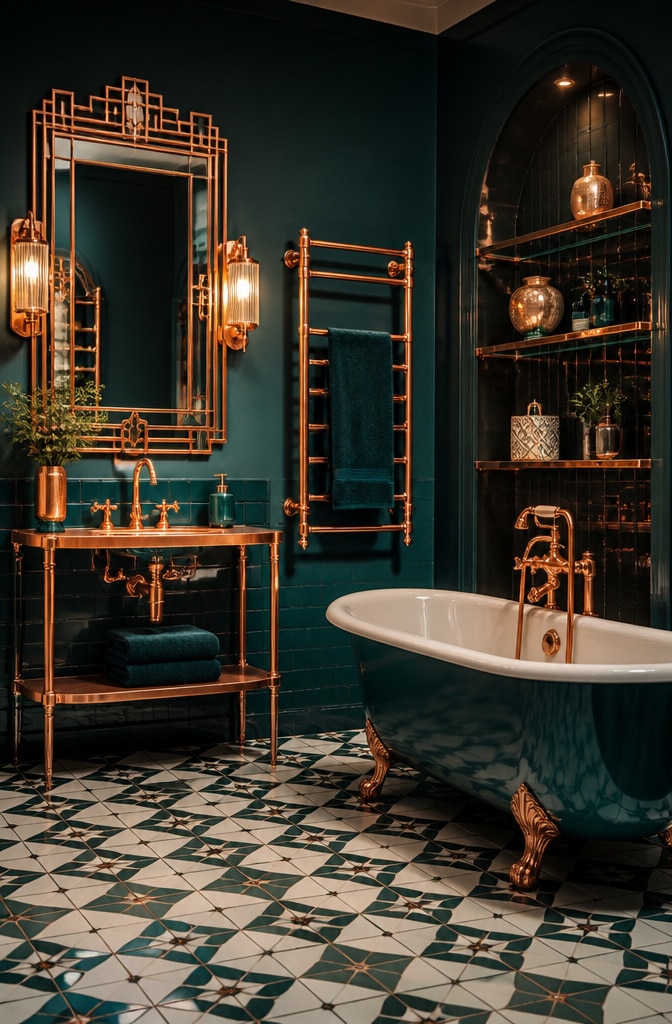 Rich Teal and Copper Art Deco Bathroom