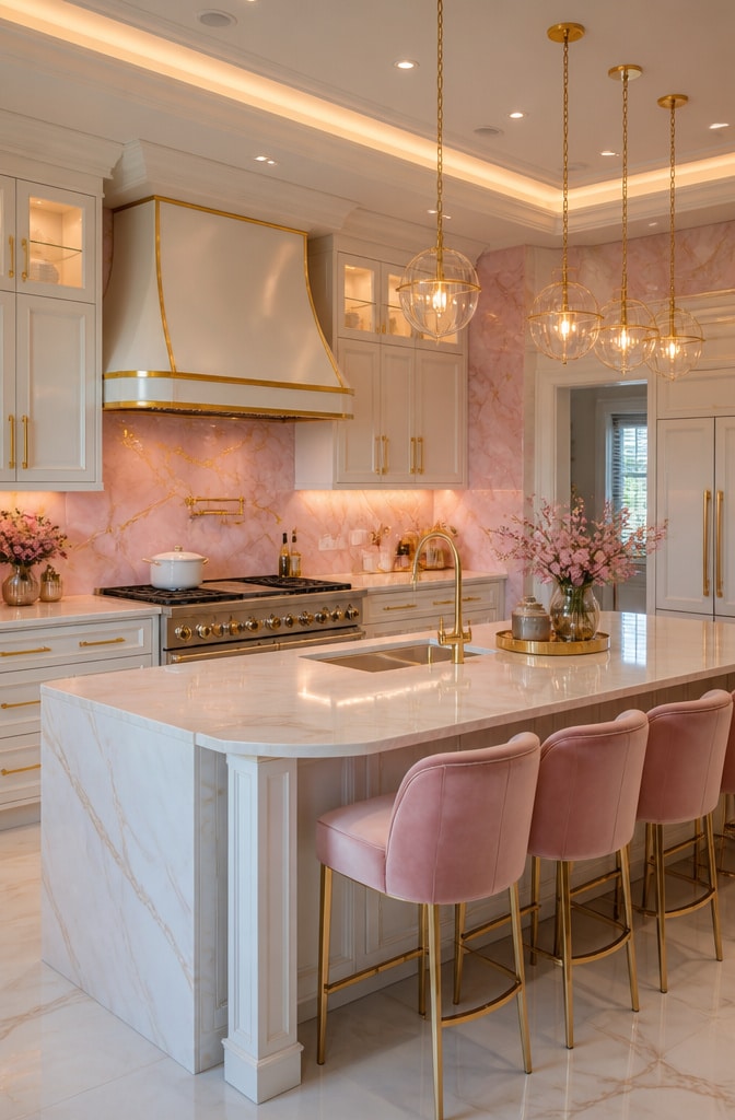 Rose Quartz Pink Kitchen Tiles with Gold Accents