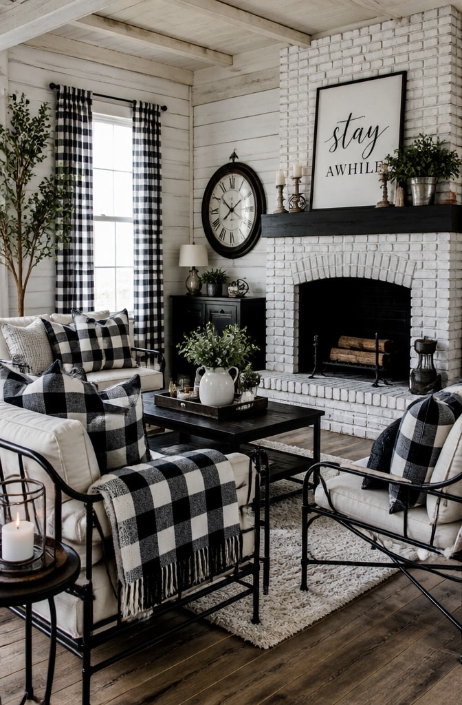 Rustic Black and White Farmhouse Living Room