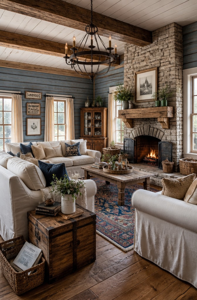 Rustic Blue Farmhouse Living Room