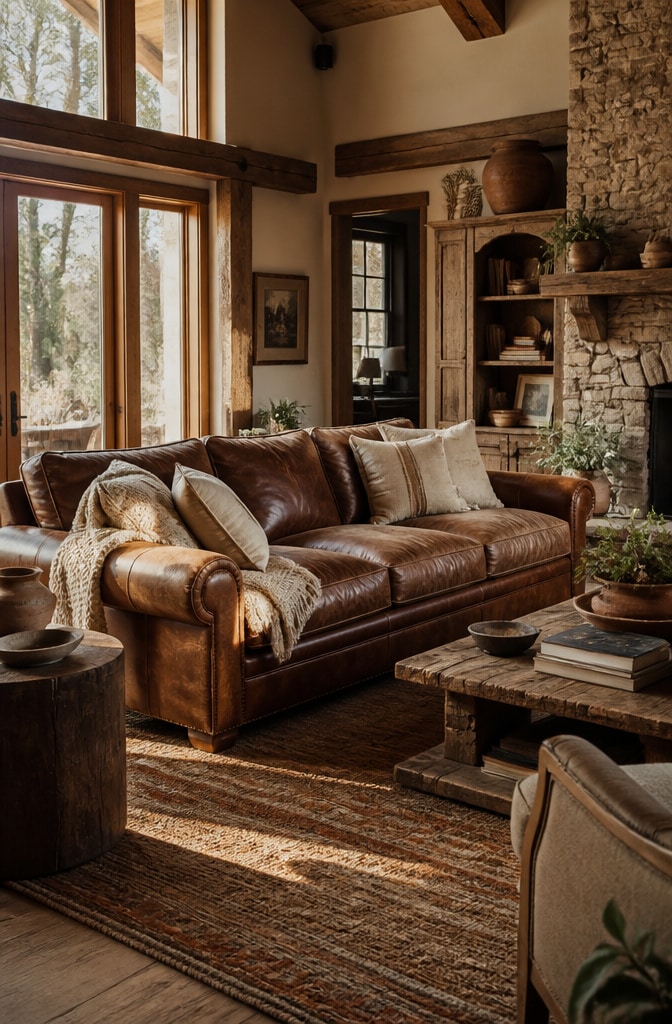 Rustic Brown Leather Couch Living Room
