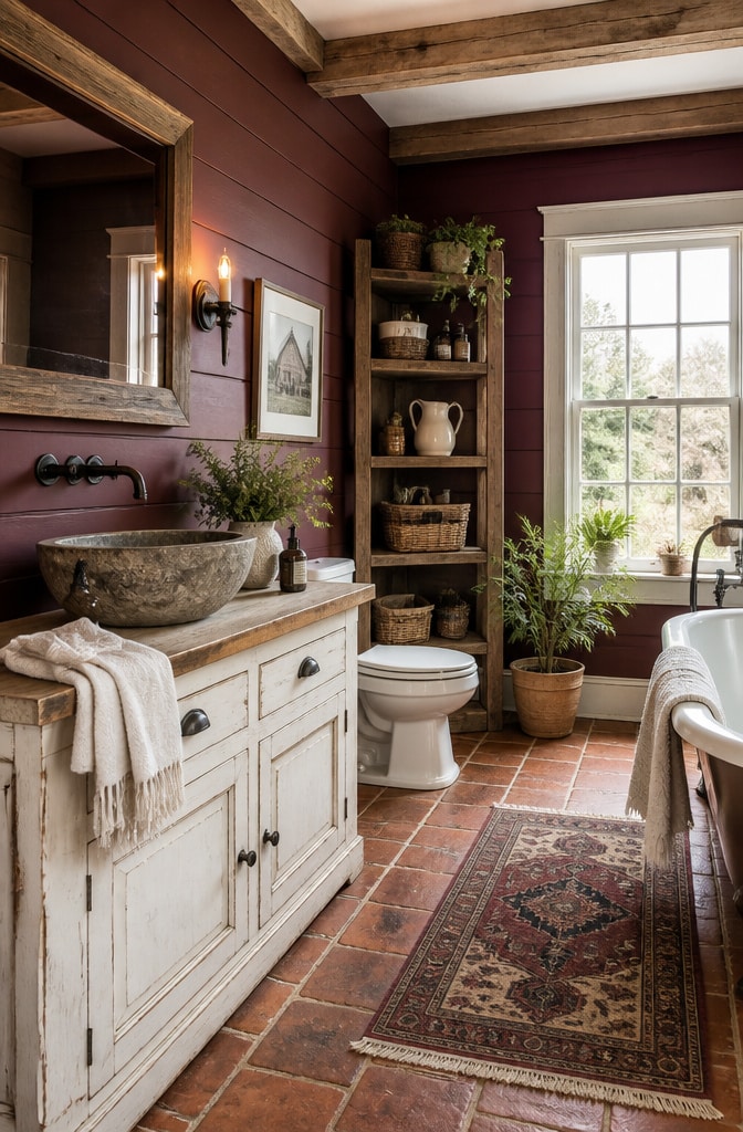 Rustic Burgundy Farmhouse Bathroom