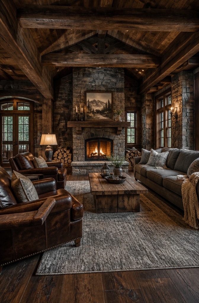 Rustic Cabin-Inspired Dark Brown and Grey Living Room