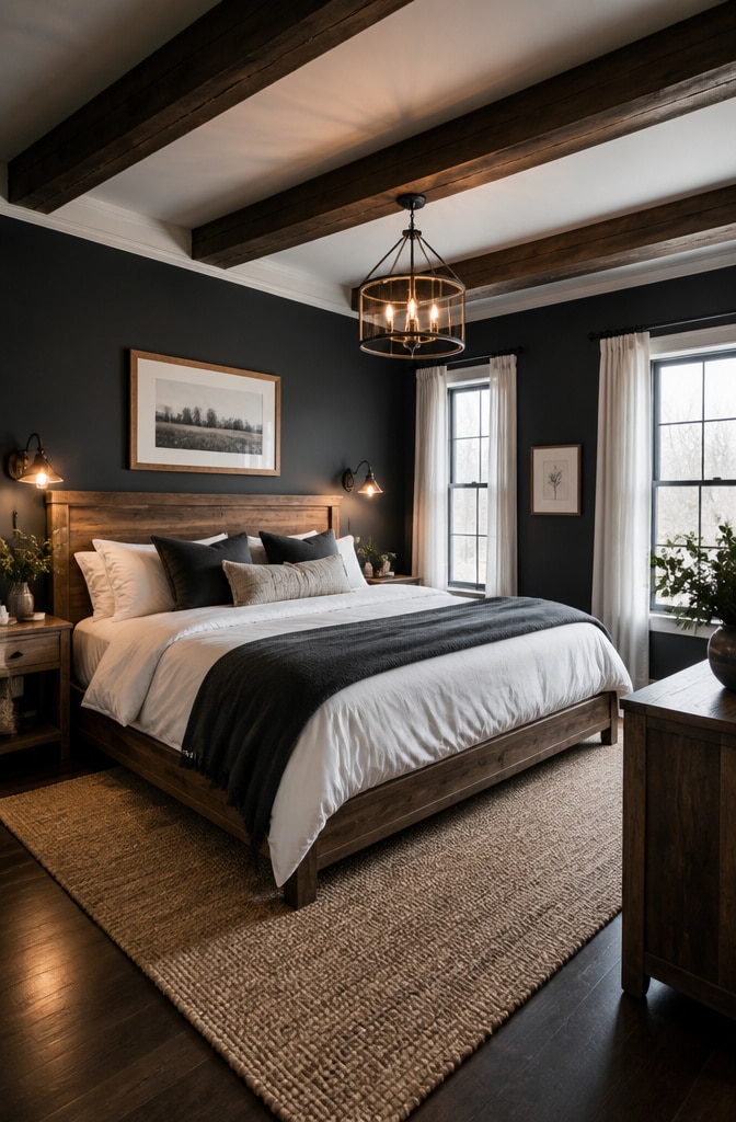Rustic Charcoal Gray Farmhouse Bedroom