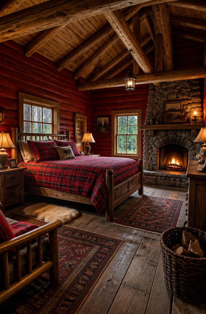 Rustic Cherry Red Cabin Bedroom