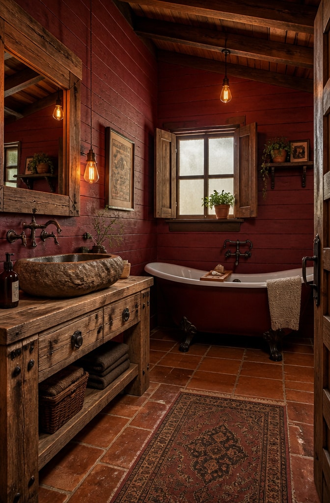 Rustic Dark Red Barn Bathroom