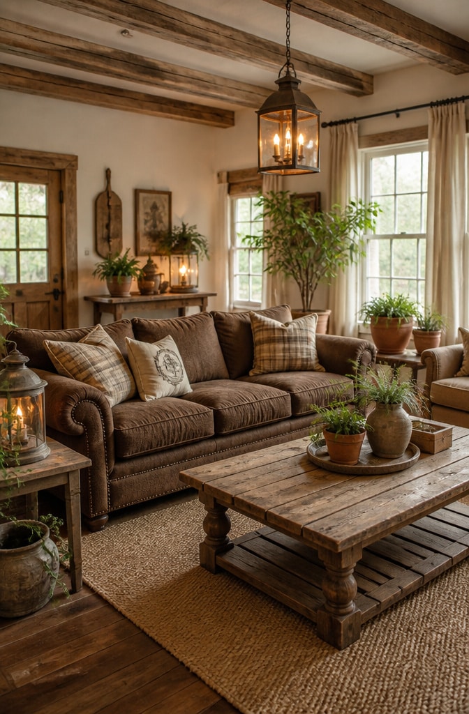 Rustic Farmhouse Chocolate Brown Couch Living Room
