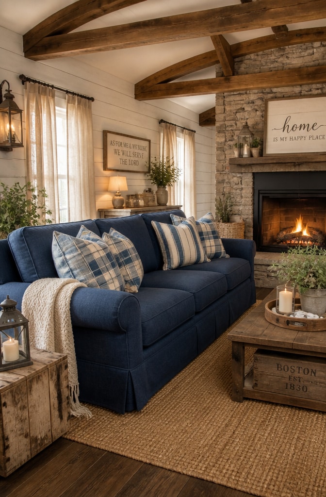 Rustic Farmhouse Dark Blue Sofa Living Room