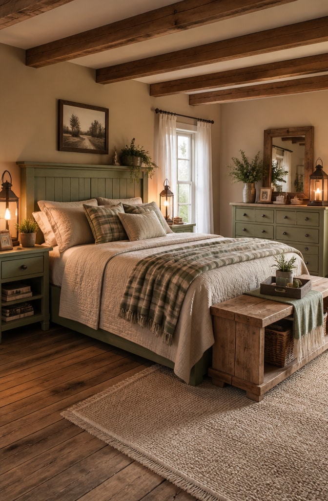 Rustic Farmhouse Green and Beige Bedroom