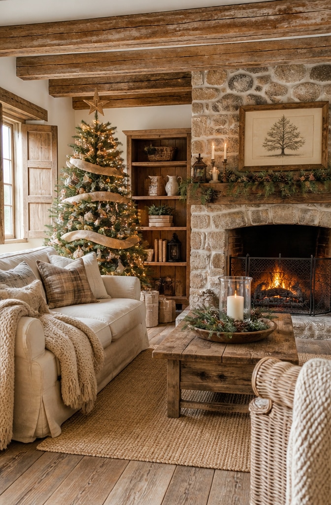 Rustic Farmhouse Neutral Christmas Living Room
