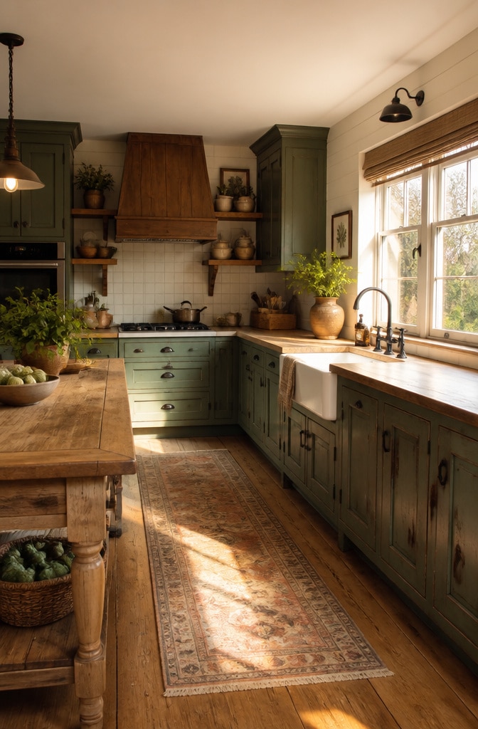 Rustic Farmhouse Pewter Green Cabinets