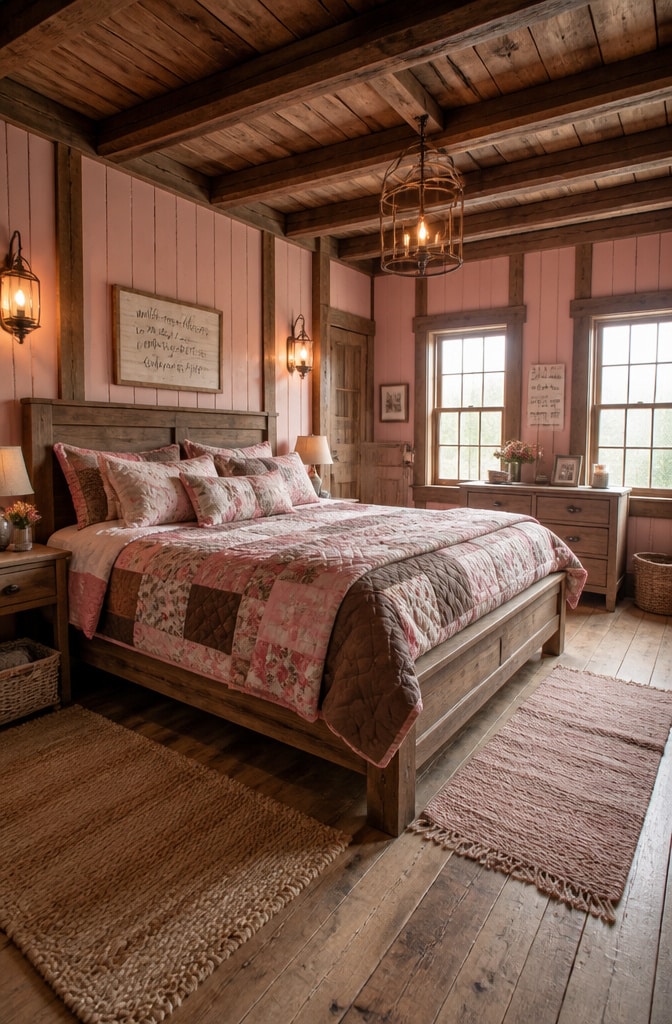 Rustic Farmhouse Pink and Brown Bedroom