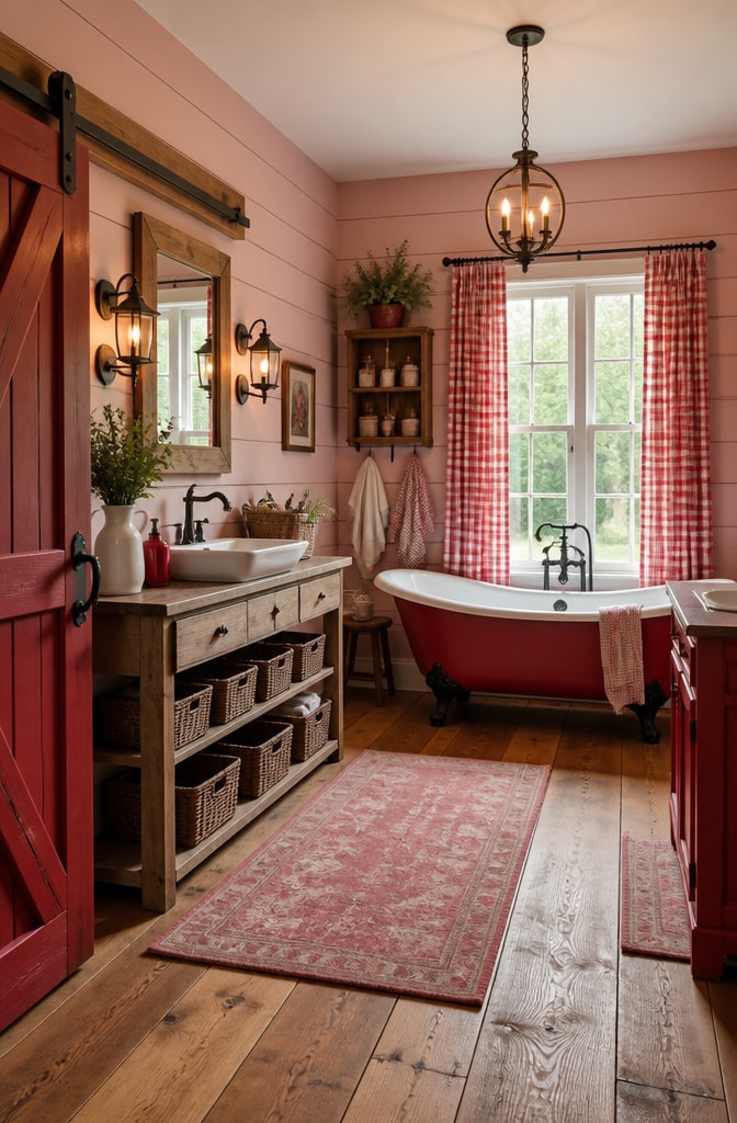 Rustic Farmhouse Pink and Red Bathroom