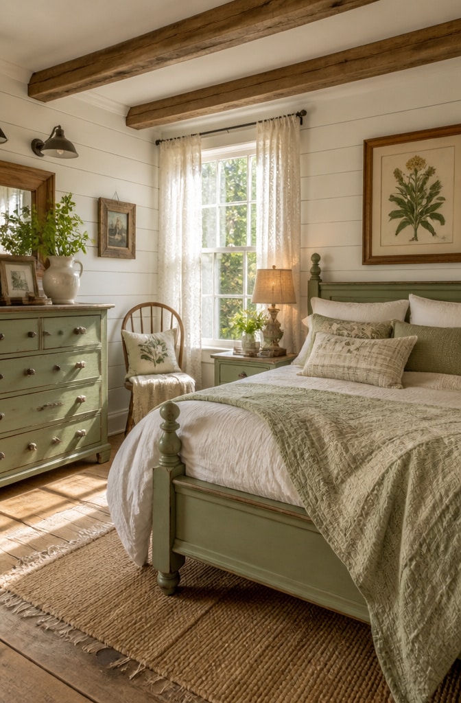 Rustic Farmhouse White and Sage Bedroom