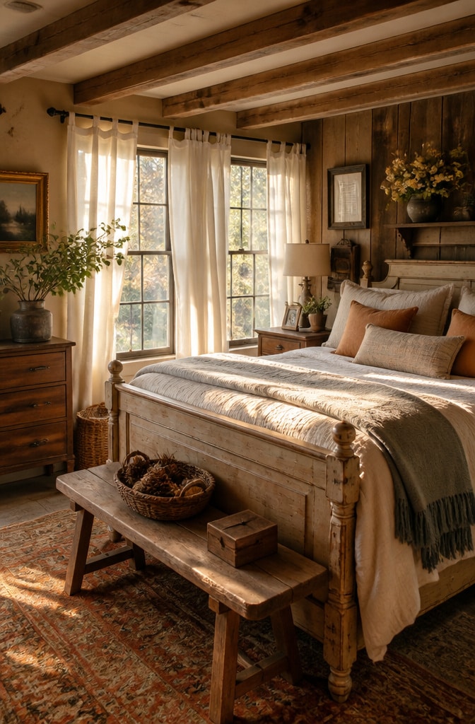 Rustic Farmhouse White Curtains Bedroom