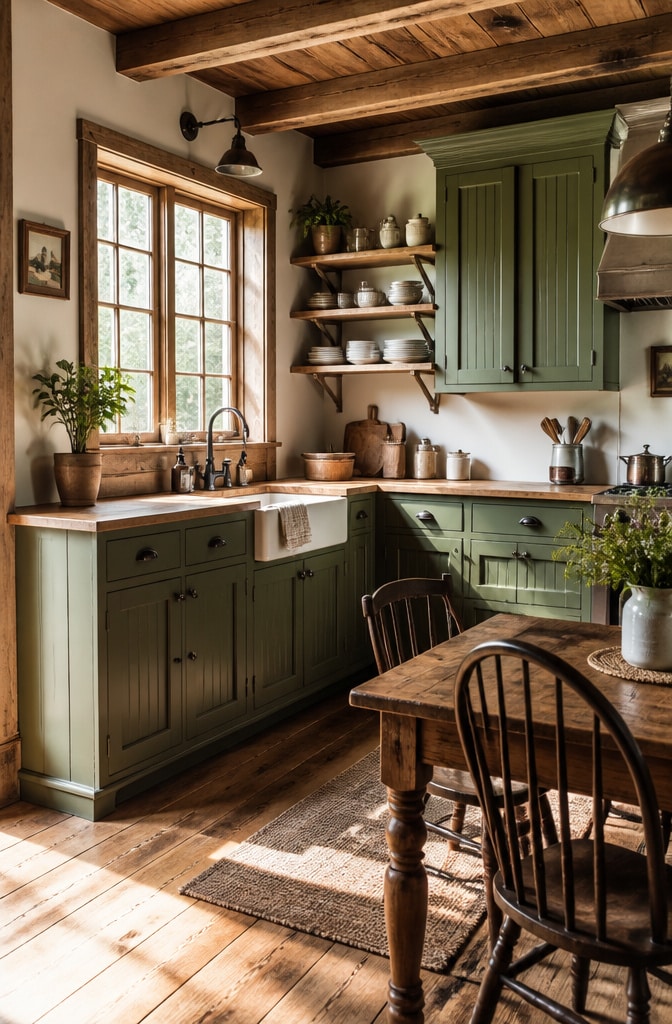 Rustic Forest Green Farmhouse Cabinets