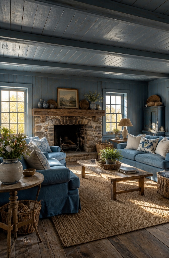 Rustic French Blue Farmhouse Living Room