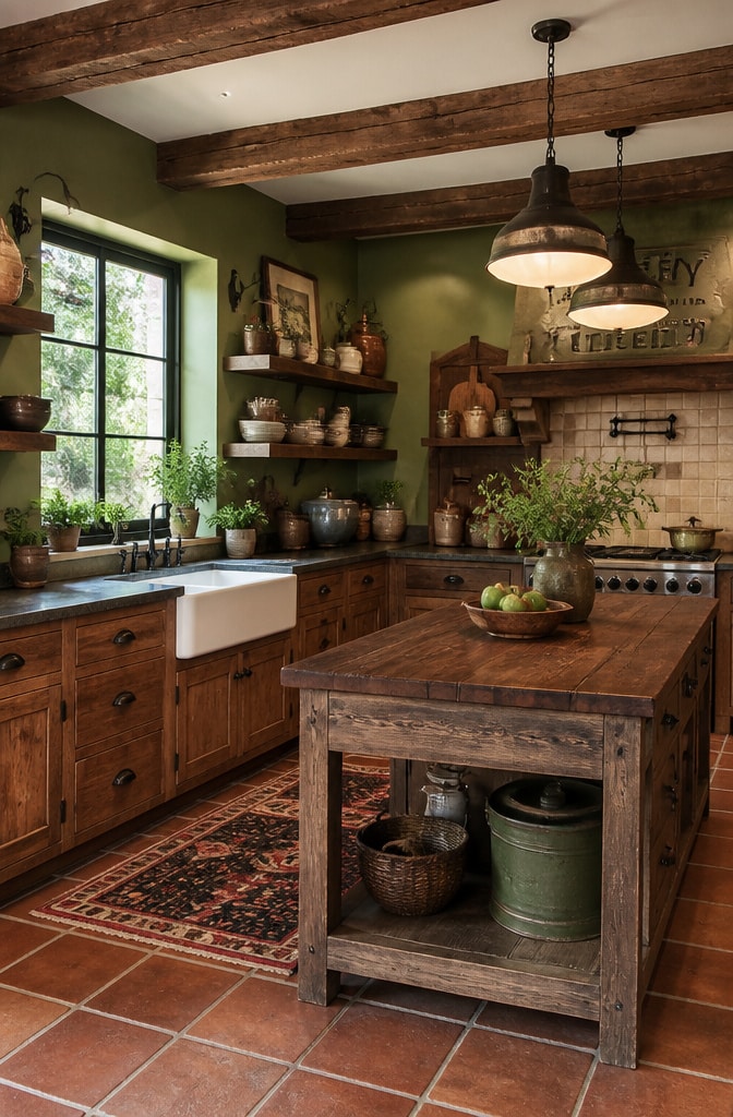 Rustic Green and Brown Farmhouse Kitchen