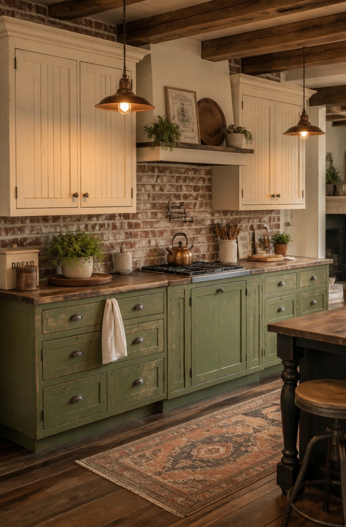 Rustic Green and White Kitchen Cabinets