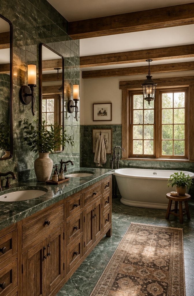 Rustic Green Marble Farmhouse Bathroom