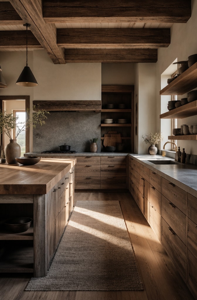 Rustic Japandi Kitchen with Stone and Wood