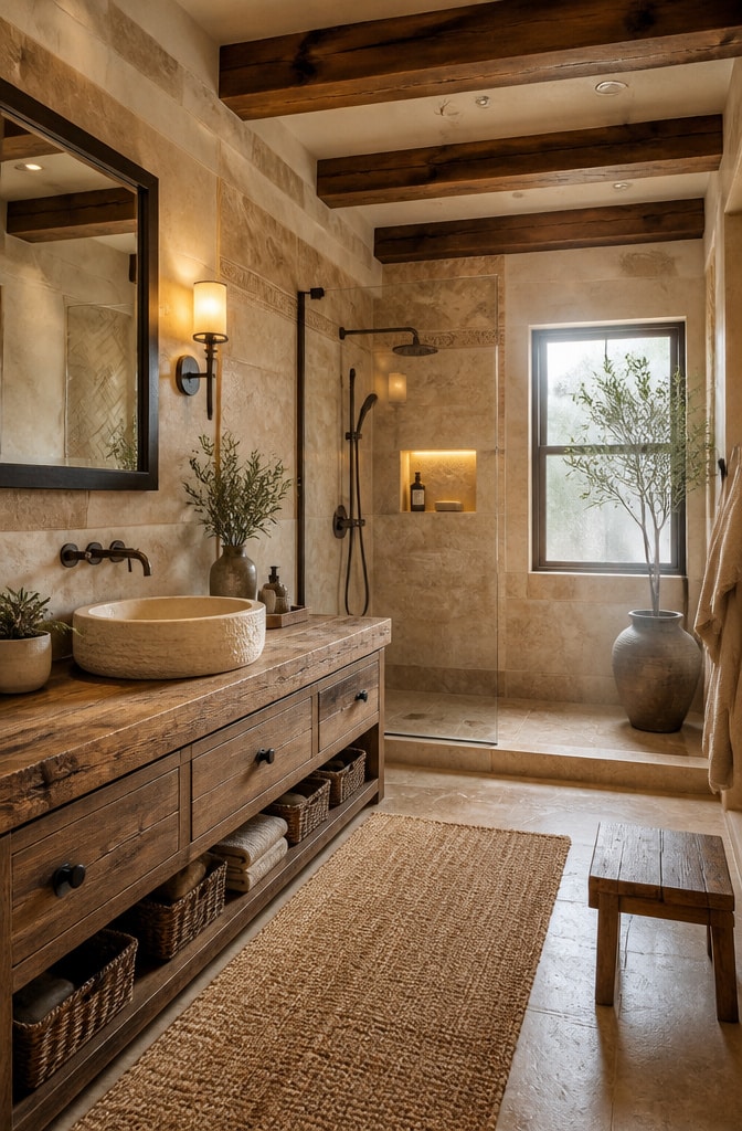 Rustic Marble and Wood Fusion Bathroom
