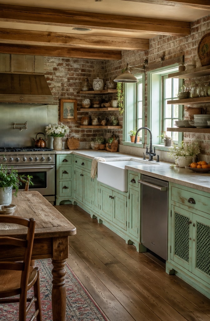 Rustic Mint Green Cottage Kitchen