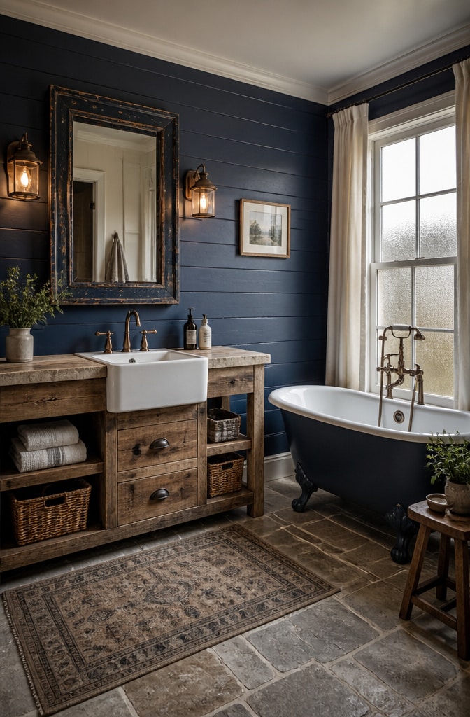 Rustic Navy Blue Farmhouse Bathroom