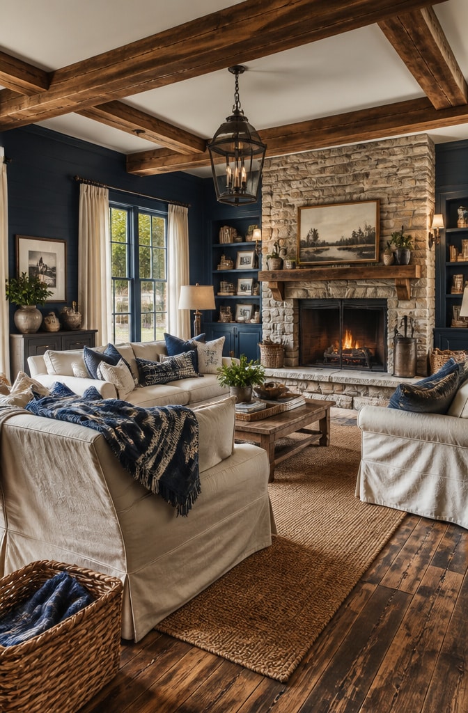 Rustic Navy Blue Farmhouse Living Room