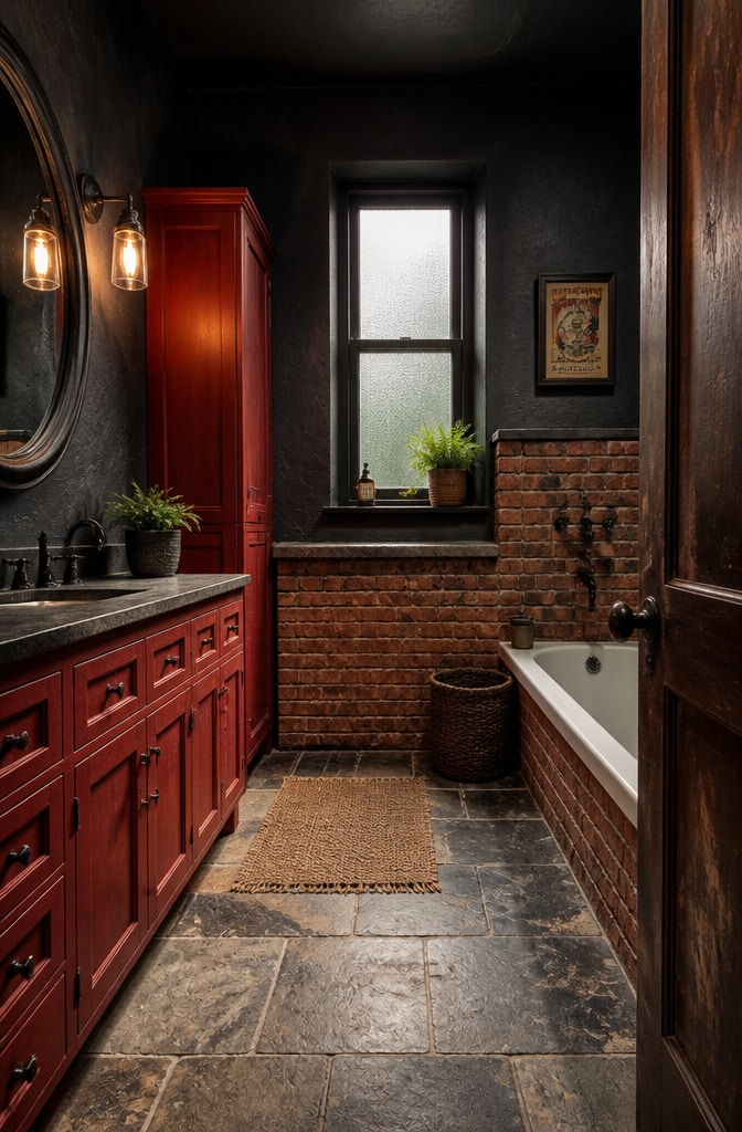 Rustic Red and Black Bathroom Retreat
