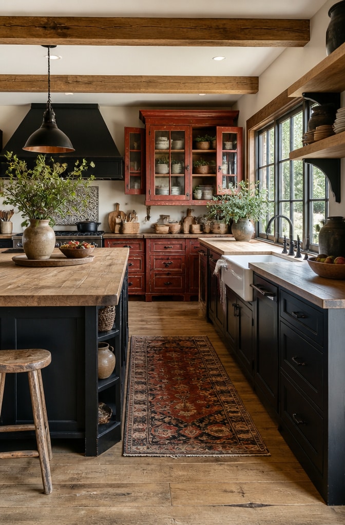 Rustic Red and Black Farmhouse Kitchen