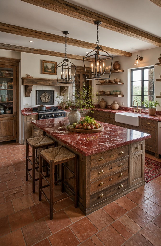 Rustic Red Marble Farmhouse Kitchen