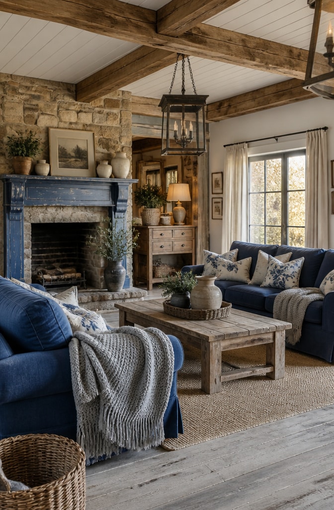 Rustic Royal Blue and Grey Farmhouse Living Room