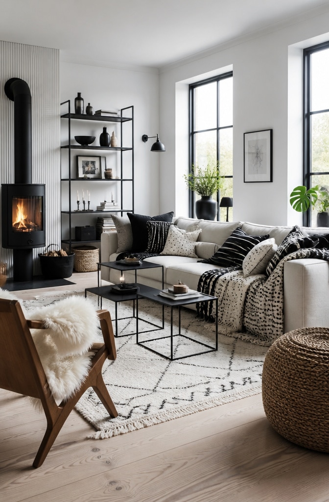 Scandinavian Black and White Cozy Living Room