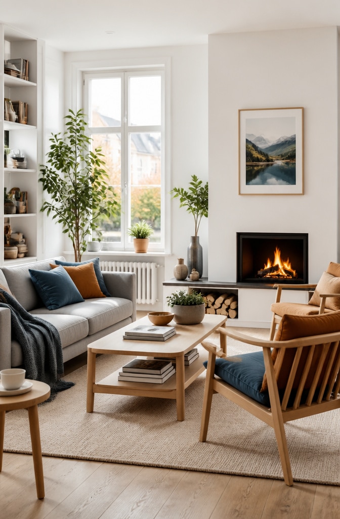 Scandinavian Blue and Orange Cozy Living Room